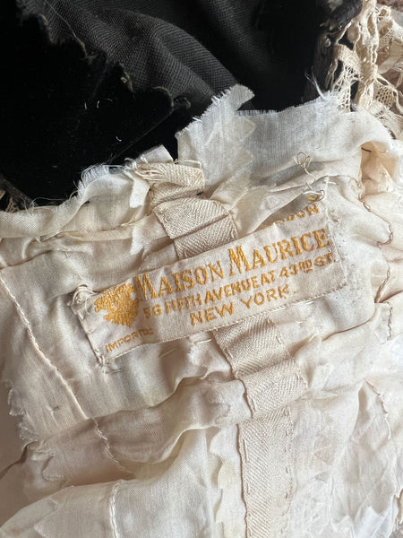 Antique Edwardian 1910's Era Floral Lace and Black Beaded Velvet Dress