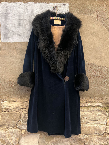 Antique Early Vintage 1920's Navy Blue Flapper Coat with Fur Trim
