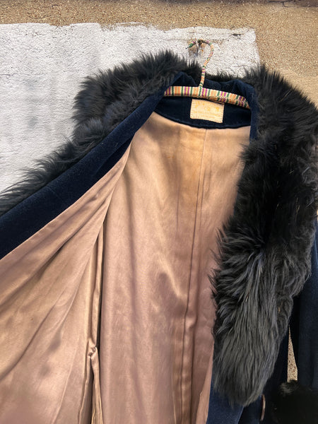 Antique Early Vintage 1920's Navy Blue Flapper Coat with Fur Trim