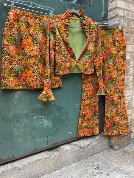 Vintage 1970's Three Piece Orange Floral Set - Matching Jacket, Pants and Skirt