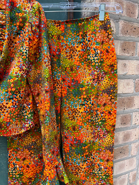 Vintage 1970's Three Piece Orange Floral Set - Matching Jacket, Pants and Skirt