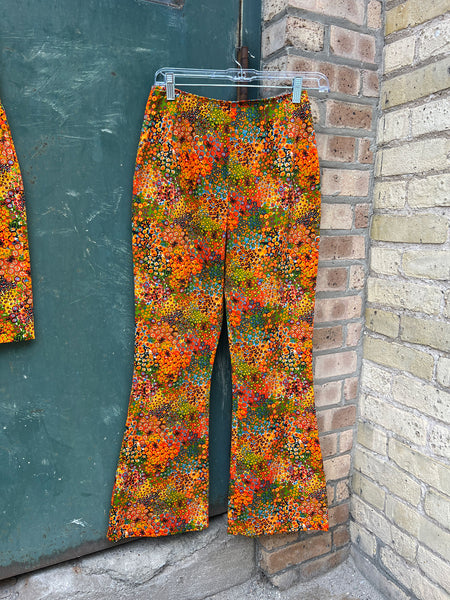 Vintage 1970's Three Piece Orange Floral Set - Matching Jacket, Pants and Skirt