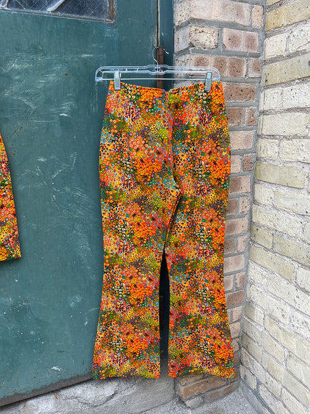Vintage 1970's Three Piece Orange Floral Set - Matching Jacket, Pants and Skirt