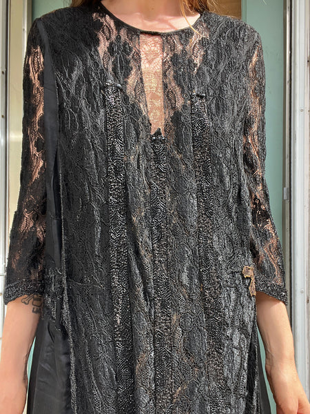 Antique 1910’s 1920’s Black Silk Lace Beaded Spiderweb Dress Edwardian Era