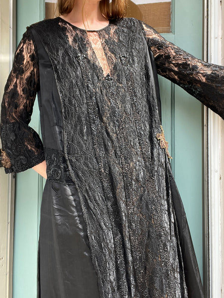 Antique 1910’s 1920’s Black Silk Lace Beaded Spiderweb Dress Edwardian Era