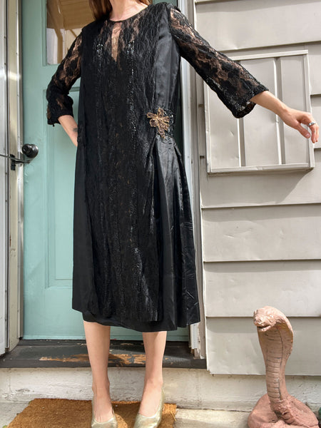 Antique 1910’s 1920’s Black Silk Lace Beaded Spiderweb Dress Edwardian Era