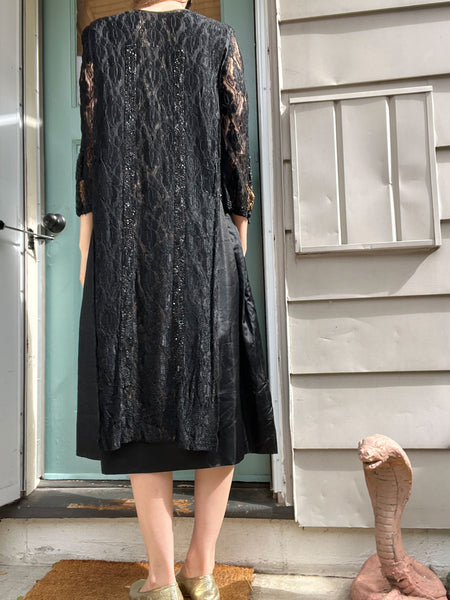 Antique 1910’s 1920’s Black Silk Lace Beaded Spiderweb Dress Edwardian Era