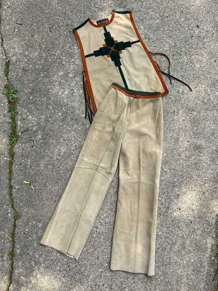 Vintage 1970's Skin Cheetahs Brand Leather Two Piece Set, Top and Pants, Women's 70's