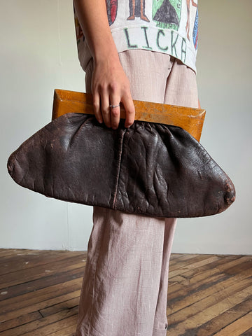 Vintage 1940's Oversized Hang Bag with Wooden Handle