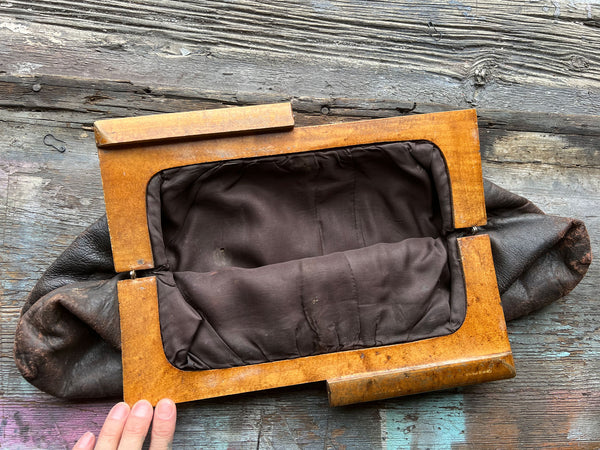 Vintage 1940's Oversized Hang Bag with Wooden Handle