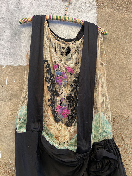 Antique 1920's Silk Dress with Floral Beadwork and Netting