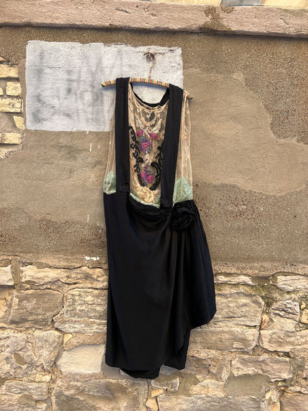 Antique 1920's Silk Dress with Floral Beadwork and Netting