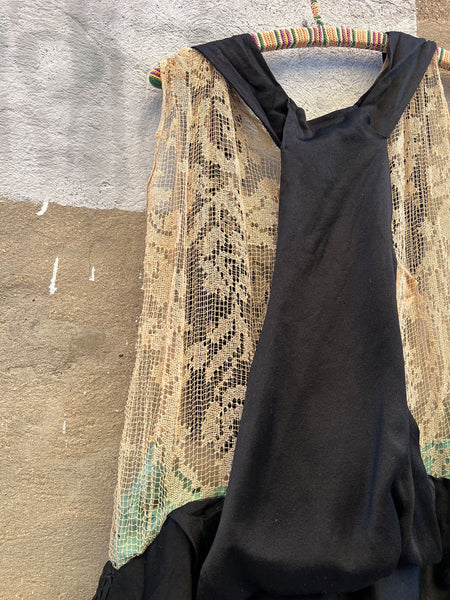 Antique 1920's Silk Dress with Floral Beadwork and Netting