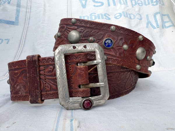 Rare Vintage 1930's Jeweled Leather belt, Navajo, Silver Carved Buckle