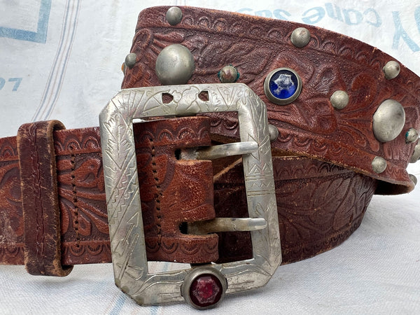 Rare Vintage 1930's Jeweled Leather belt, Navajo, Silver Carved Buckle