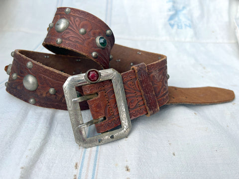 Rare Vintage 1930's Jeweled Leather belt, Navajo, Silver Carved Buckle