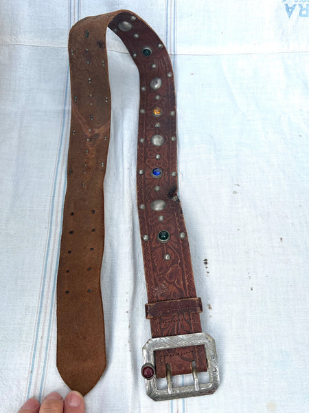 Rare Vintage 1930's Jeweled Leather belt, Navajo, Silver Carved Buckle