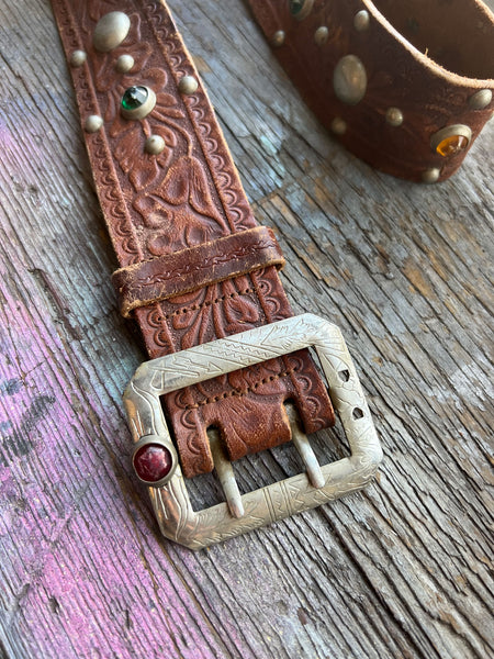 Rare Vintage 1930's Jeweled Leather belt, Navajo, Silver Carved Buckle