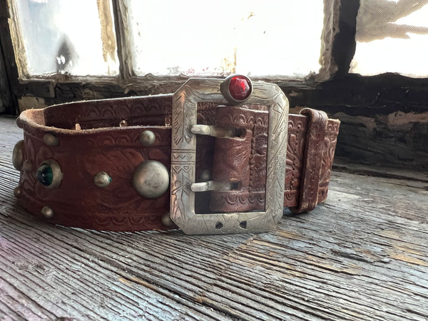 Rare Vintage 1930's Jeweled Leather belt, Navajo, Silver Carved Buckle