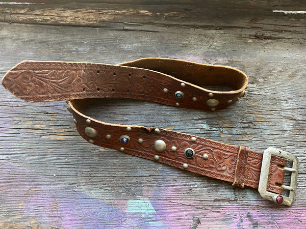 Rare Vintage 1930's Jeweled Leather belt, Navajo, Silver Carved Buckle