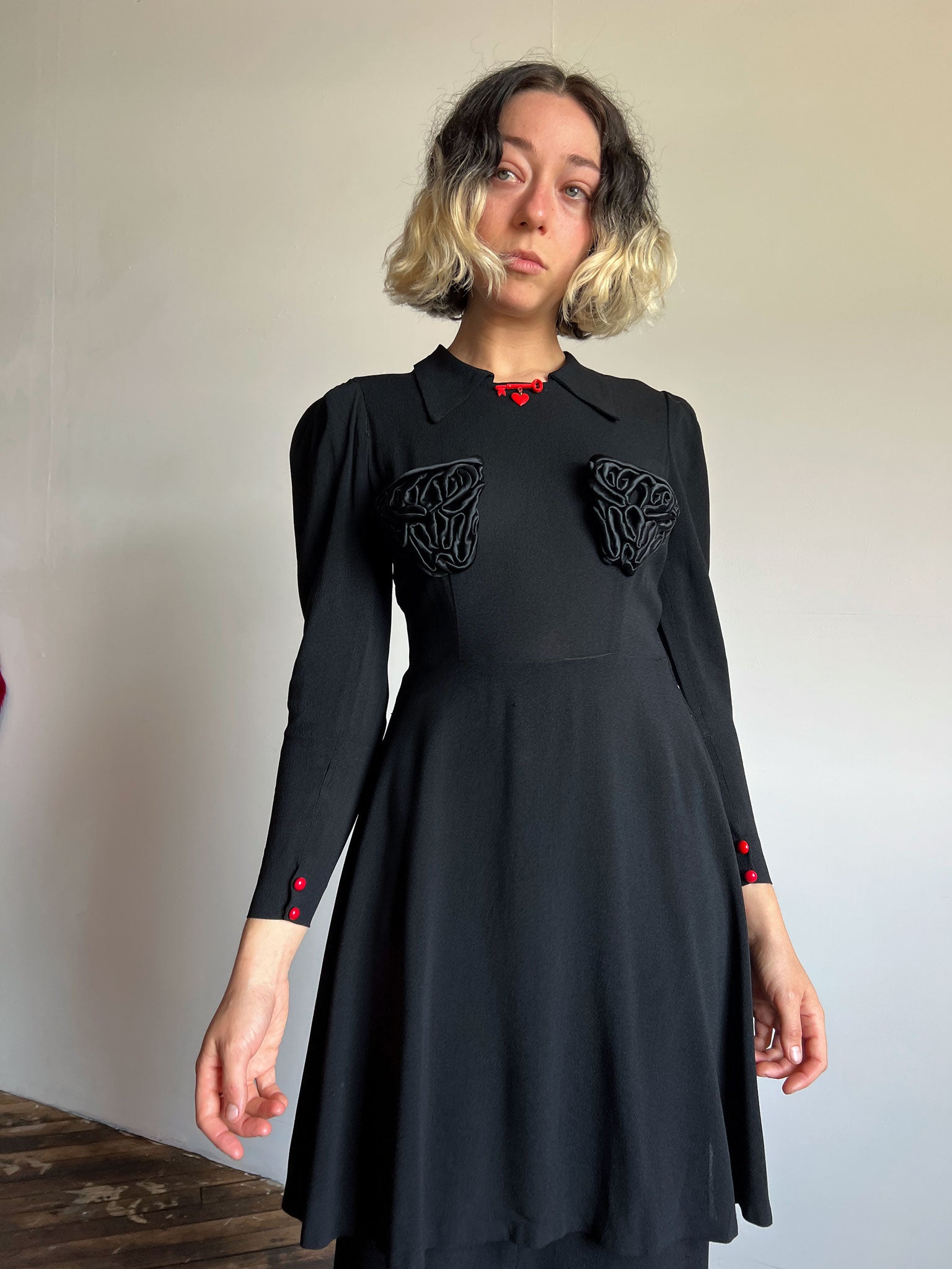 Vintage 1930's Black Soutache Dress with Heart and Key Detail