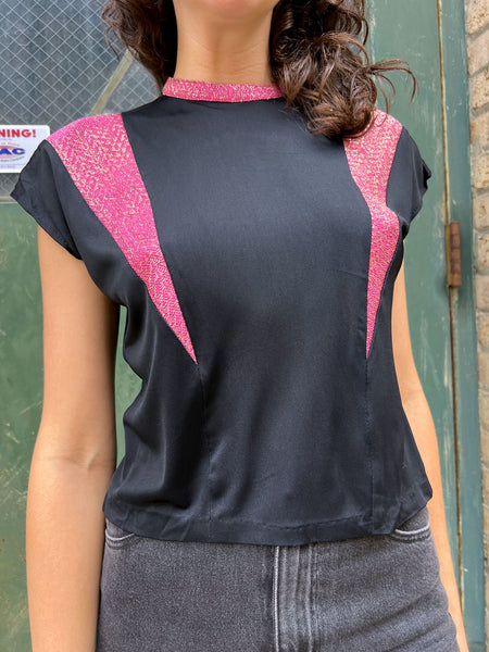 Vintage 1940's Pink Lamé and Black Rayon Jersey Blouse