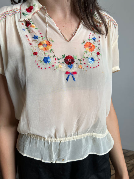 Vintage 1930's 1940's Embroidered Floral Crepe Blouse