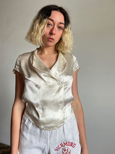Vintage 1930's Ivory Blouse with Carved Glass Buttons