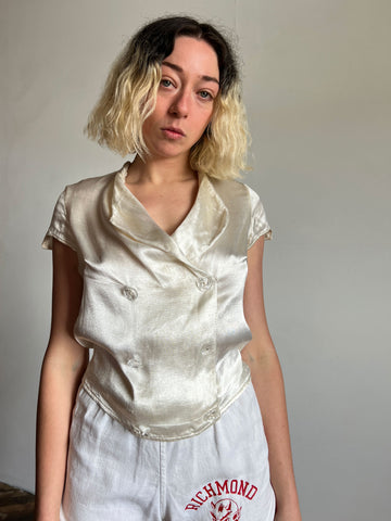 Vintage 1930's Ivory Blouse with Carved Glass Buttons