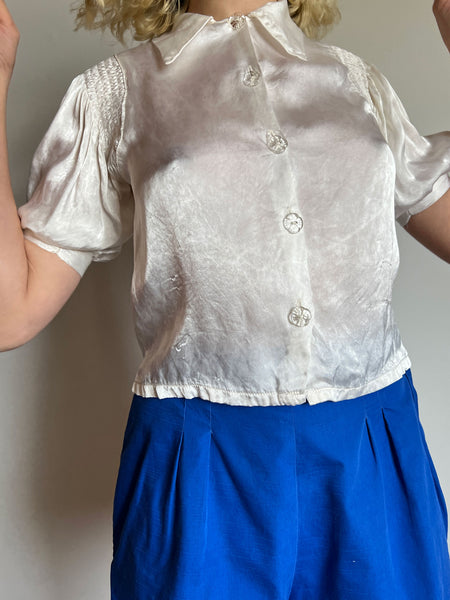 Vintage 1930's White Puff Sleeve Blouse, Glass Buttons