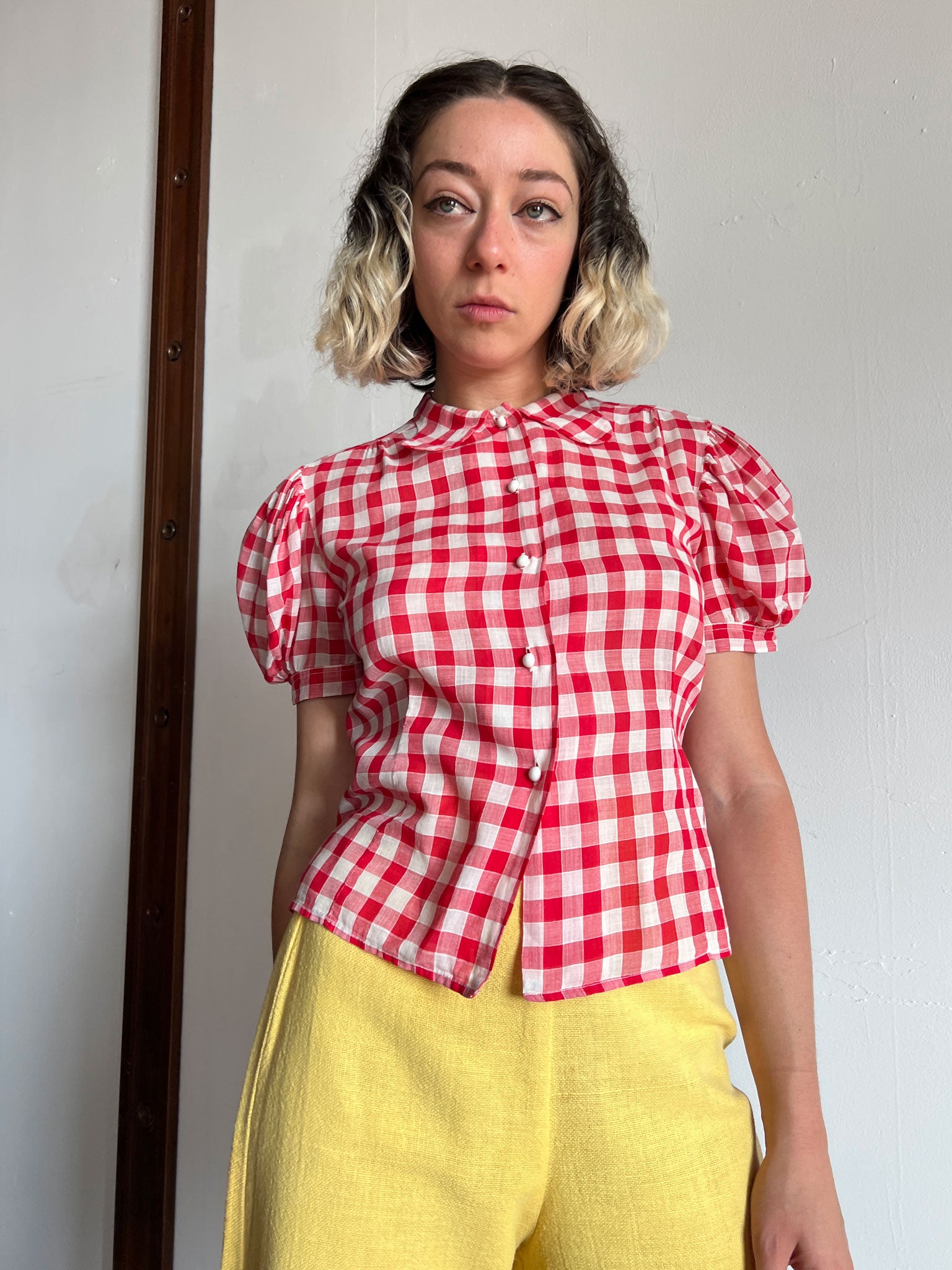 Vintage 1930's Red and White Checked Puff Sleeve Blouse