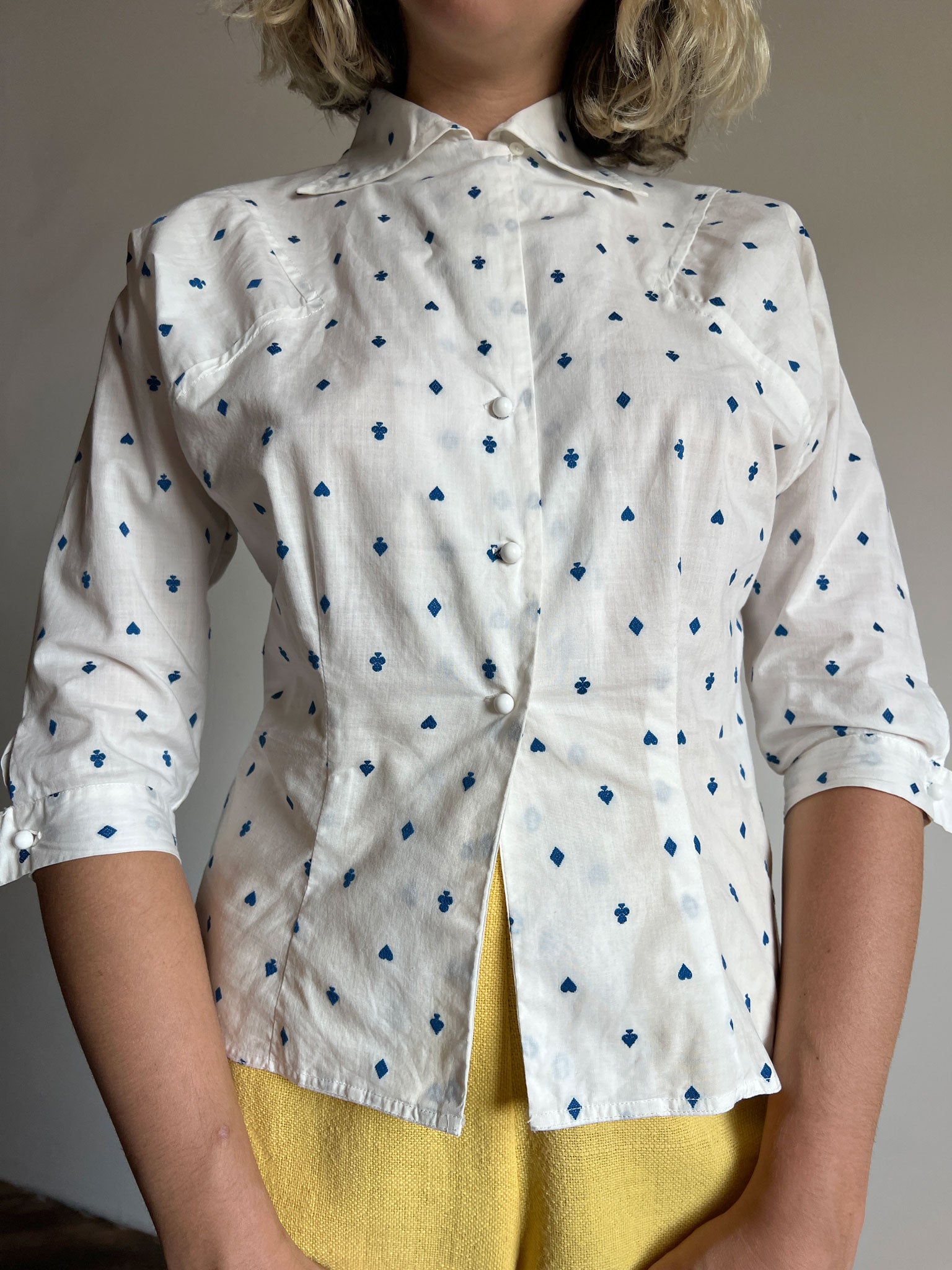 Vintage 1940's Novelty Print Blouse, Embroidered Cards