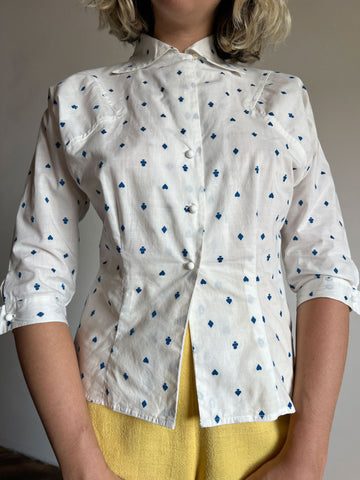 Vintage 1940's Novelty Print Blouse, Embroidered Cards