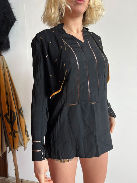 Antique 1920's Women's Silk Blouse with Metal Key Details, Two Piece Blouse and Vest Set, 20's