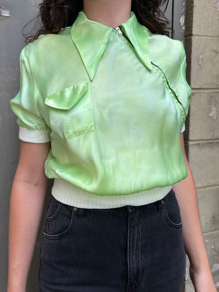 Vintage 1940's Green Metal Zipper Short Sleeve Blouse