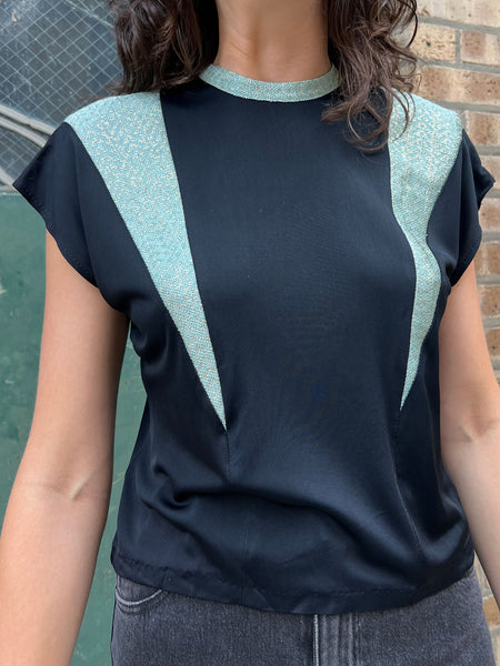 Vintage 1940's Blue Lamé Rayon Jersey Blouse