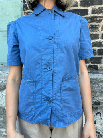 Vintage 1940's Women's Herringbone Twill Button Up Short Sleeve Blouse, United Garment Workers WW2 Era
