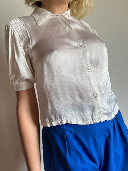 Vintage 1930's White Puff Sleeve Blouse, Glass Buttons
