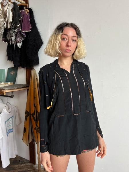 Antique 1920's Women's Silk Blouse with Metal Key Details, Two Piece Blouse and Vest Set, 20's