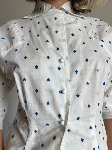 Vintage 1940's Novelty Print Blouse, Embroidered Cards