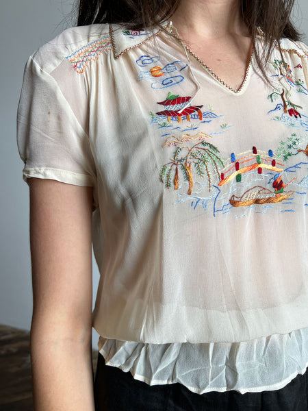 Vintage 1930's 1940's Embroidered Crepe Blouse