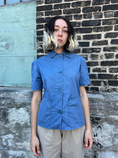 Vintage 1940's Women's Herringbone Twill Button Up Short Sleeve Blouse, United Garment Workers WW2 Era