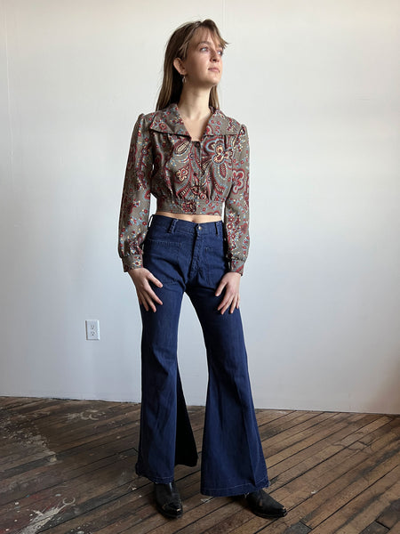 Vintage 1960's - 1970's Floral Paisley Cropped Long Sleeve Blouse, Top, Women's