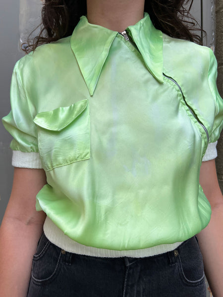 Vintage 1940's Green Metal Zipper Short Sleeve Blouse