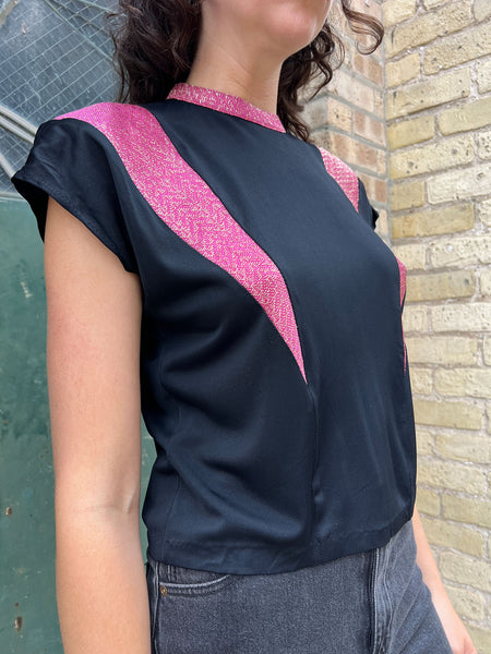 Vintage 1940's Pink Lamé and Black Rayon Jersey Blouse