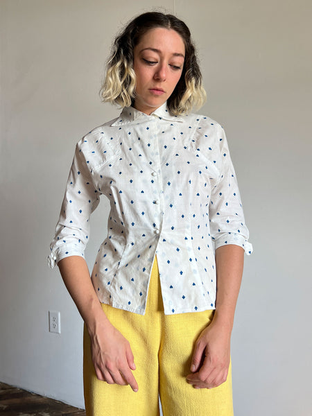 Vintage 1940's Novelty Print Blouse, Embroidered Cards