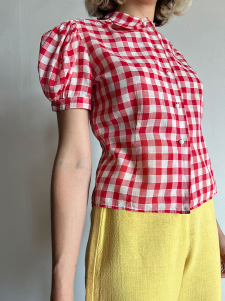 Vintage 1930's Red and White Checked Puff Sleeve Blouse