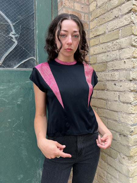 Vintage 1940's Pink Lamé and Black Rayon Jersey Blouse