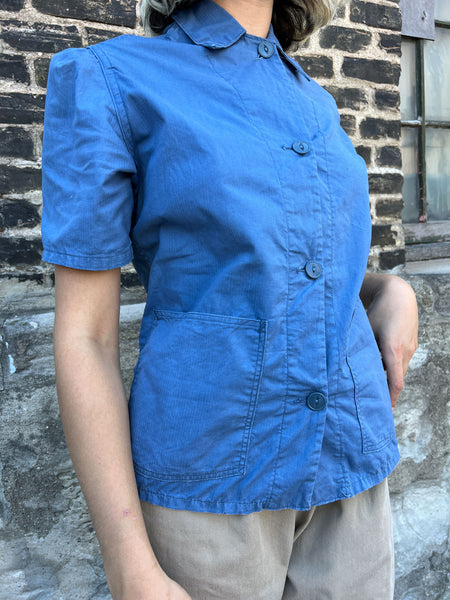 Vintage 1940's Women's Herringbone Twill Button Up Short Sleeve Blouse, United Garment Workers WW2 Era