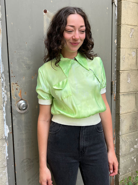 Vintage 1940's Green Metal Zipper Short Sleeve Blouse